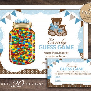 Instant Download Teddy Bear Candy Guessing Game, Blue Brown Teddy Baby Shower Candy Guess Game, Boy Teddy Birthday Party Game 42A image 1