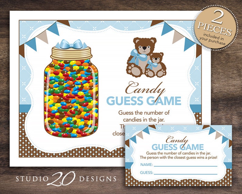 Instant Download Teddy Bear Candy Guessing Game, Blue Brown Teddy Baby Shower Candy Guess Game, Boy Teddy Birthday Party Game 42A image 1