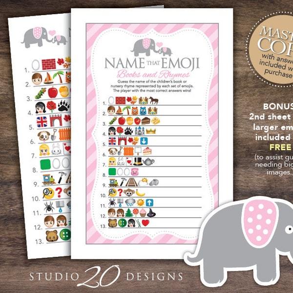 Instant Download Pink Elephant Emoji Baby Shower Game, Books and Rhymes Baby Shower Games for Girl, Grey Pink Elephant Emoji Pictionary 22B