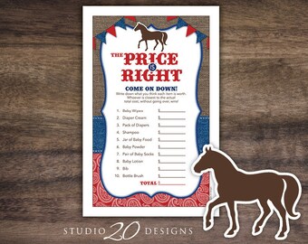 Instant Download Country Western Price is Right Baby Shower Game, Printable Gender Neutral Navy Blue Red Cowboy Price Is Right Game 94C