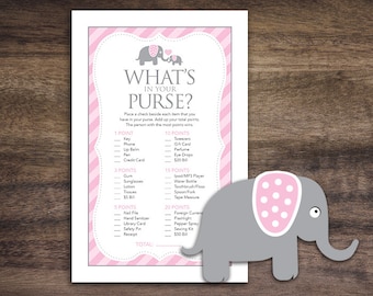 Sofortiger Download rosa Elefant-Babyparty-Spiele, Was ist in Ihrer Handtasche Spielkarten, Druckbare Party Sheets, Mädchen-Rosa-Elefant-Thema #22B