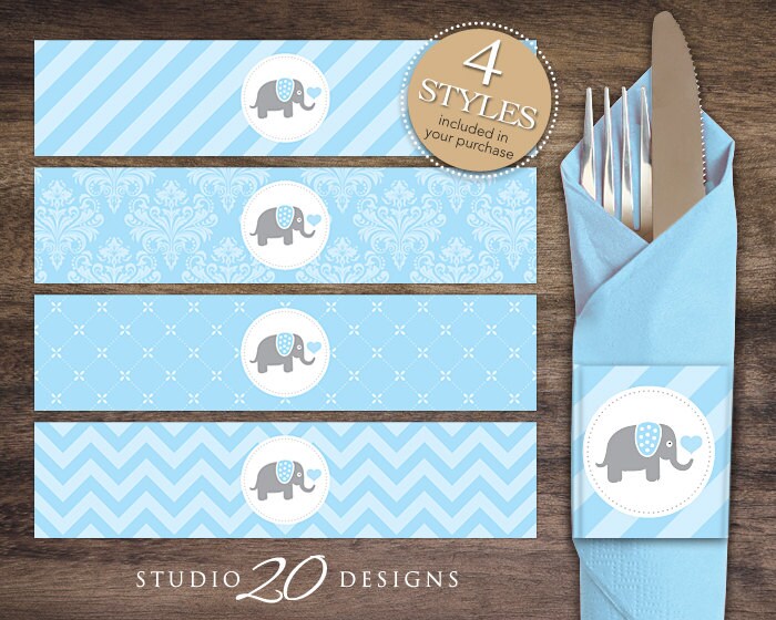 Instant Download Blue Elephant Napkin Rings Printable Elephant Baby Shower Napkin Wraparounds for Baby Boy 22C