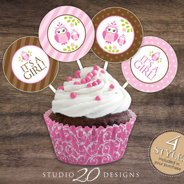 Instant Download 2" Pink Owl Cupcake Toppers, Pink Owl Baby Shower Cupcake Toppers, It's a Girl Cupcake Toppers, Owl Tags, Owl Pops #23E