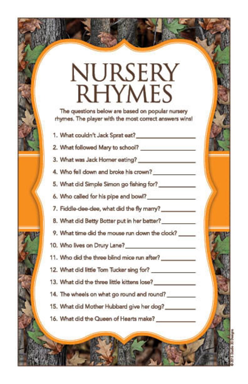 Instant Download Camo Baby Nursery Rhymes Quiz Realistic | Etsy