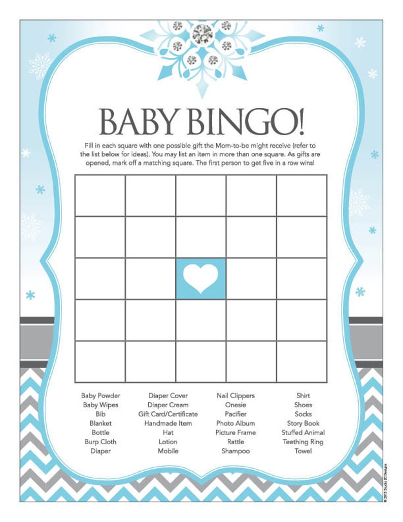 Instant Download Snowflake Baby Shower Games Pack, Blue Grey Chevron Winter Baby Games, Baby Boy Winter Wonderland Baby Shower Game Pack 76A image 2