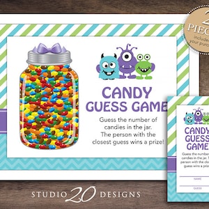 Instant Download Little Monsters Candy Guessing Game, Teal Purple Monster Baby Shower Candy Guess Game, Candy Count Birthday Party Game 82A