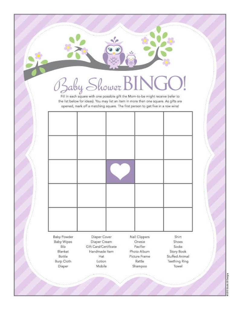 Instant Download Lilac Owl Baby Bingo Game Purple Grey Owl - Etsy