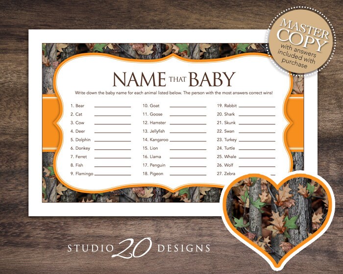 Instant Download Camo Baby Shower Name That Baby Game, Realistic Hunter Orange Camouflage Baby Name Game, Camo Theme Baby Shower Game 31E