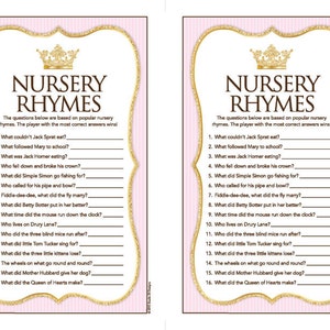 Instant Download Pink Princess Nursery Rhyme Quiz, Pink Gold Glitter ...