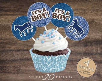 Instant Download Country Western Cupcake Toppers, 2" Horse Baby Shower Cupcake Toppers, Navy Blue It's a Boy Cowboy Cupcake Toppers 94B