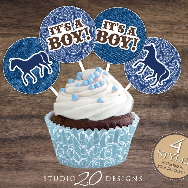 Instant Download Country Western Cupcake Toppers, 2" Horse Baby Shower Cupcake Toppers, Navy Blue It's a Boy Cowboy Cupcake Toppers 94B