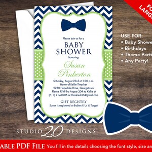 Bow Tie Baby Shower Invitations Editable Pdf, DIY 4x6 Printable Green ...