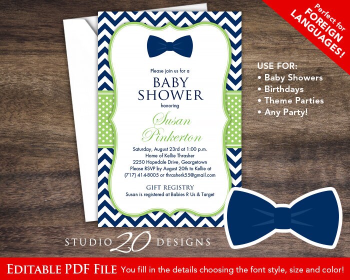 Bow Tie Baby Shower Invitations Editable Pdf DIY 4x6 | Etsy