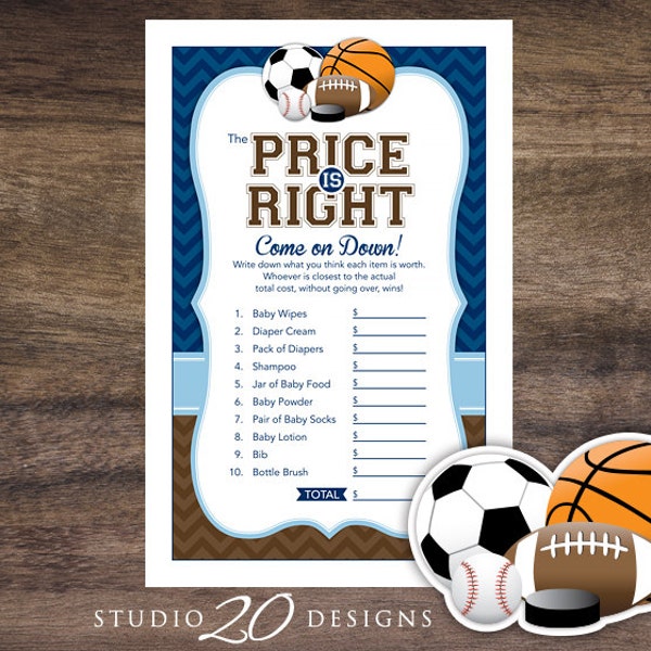 Instant Download Sports The Price Is Right Game, Navy Brown Chevron Baseball Basketball Football Hockey Baby Shower Printable Game 80A