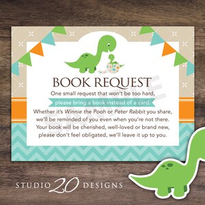 Demande de livre de dinosaure de téléchargement instantané pour garçon, livre de dinosaure au lieu de carte, livre de douche de bébé dinosaure Orange turquoise au lieu de carte 59A