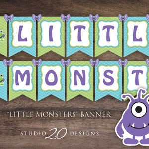 Instant Download Little Monsters Baby Shower Banner, Green Teal Purple Monster Bunting Banner, Birthday Boy Monster Shower Banner, Twins 82A