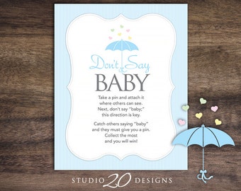Instant Download Blue Umbrella Don't Say Baby Sign, 8x10 Baby Shower Icebreaker Pin Game, Blue Grey Baby Sprinkle Don't Say Baby Game 64B