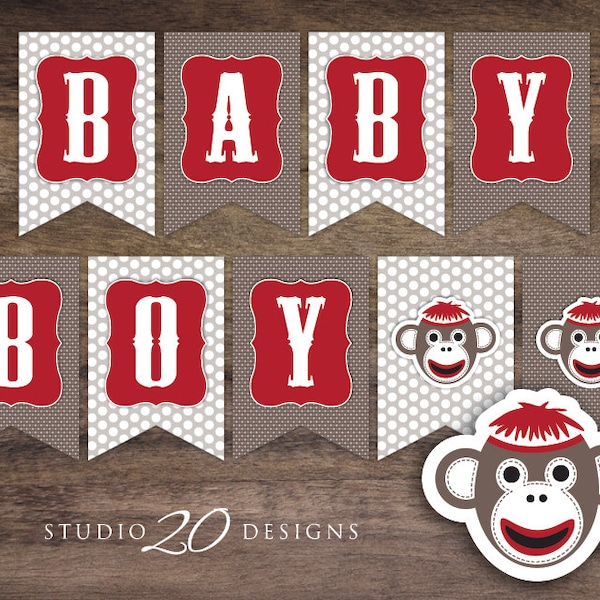 Instant Download Sock Monkey Baby Shower Banner, Printable Red Sock Monkey Bunting Banner, Monkey Pendent Banner #30A