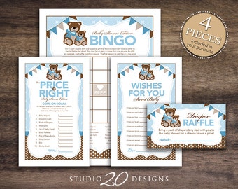 Instant Download Blue Teddy Bear Baby Shower Games Pack, Printable Boy Teddy Bingo, Price Is Right, Wish for Baby Diaper Raffle #42A