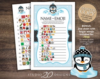 Instant Download Black Penguin Emoji Baby Shower Game, Books and Rhymes Baby Shower Games for Boy, Winter Theme Baby Emoji Pictionary 74A