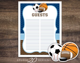 Instant Download Sports Guest List, Printable Baseball Soccer Football Hockey Basketball Chevron Baby Shower Guest Sign In Sheet 80A