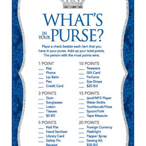 Instant Download Royal Blue Prince What's In Your Purse Game, Silver Prince Baby Shower Games, Printable Royal Blue Crown Purse Game 66F image 3