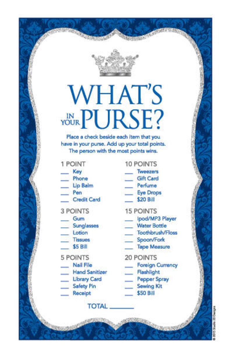 Instant Download Royal Blue Prince What's In Your Purse Game, Silver Prince Baby Shower Games, Printable Royal Blue Crown Purse Game 66F image 3