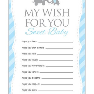 Instant Download Blue Elephant Theme Baby Shower Wishes for Baby Cards, Printable Wish Party Sheets for Boy, Cute Blue Grey Stripes Card 22C image 2