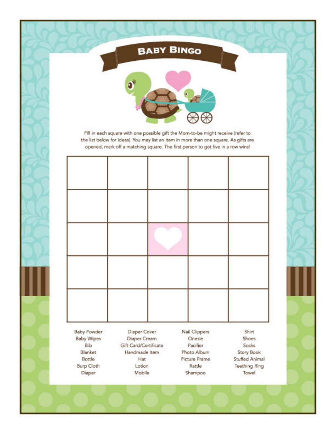 Instant Download Turtle Bingo Game Cards Printable Baby Etsy Canada