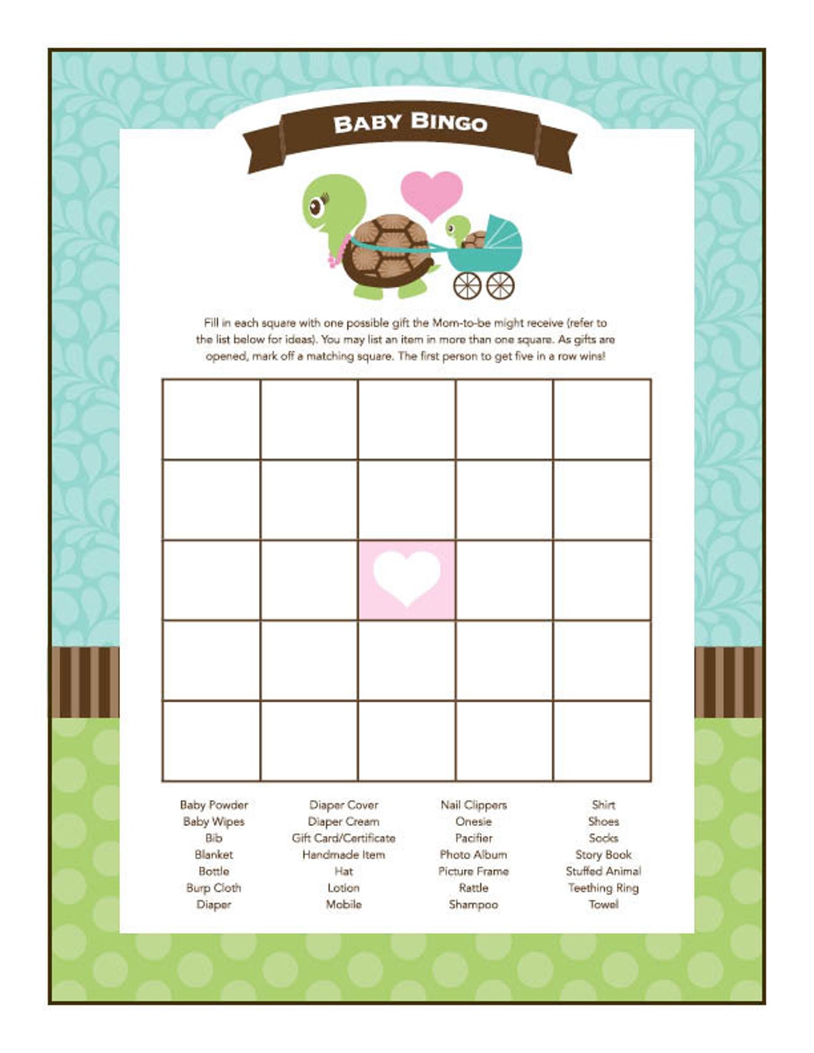 Instant Download Turtle Bingo Game Cards Printable Baby Etsy Canada