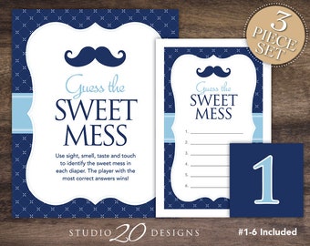 Instant Download Navy Blue Mustache Guess the Sweet Mess Baby Shower Game, Moustache Dirty Diaper Game, Little Man Candy Bar Shower Game 27B
