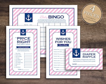 Instant Download Pink Nautical Baby Shower Games Pack, Printable Sailor Bingo Cards, Price Is Right, Wishes for Baby, Diaper Raffle #26C