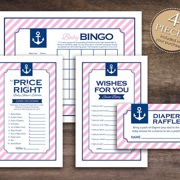 Instant Download Pink Nautical Baby Shower Games Pack, Printable Sailor Bingo Cards, Price Is Right, Wishes for Baby, Diaper Raffle #26C