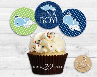 Instant Download Whale Cupcake Toppers, 2" Whale Baby Shower Cupcake Toppers, It's a Boy Whale Cupcake Toppers, Blue Green Whale Pops 20B