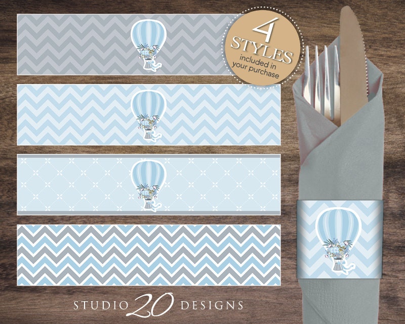 Instant Download Hot Air Balloon Napkin Rings Printable Blue Grey Chevron Up Up and Away Baby Shower Napkin Wraparounds for