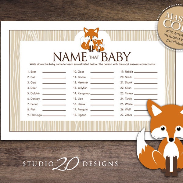 Instant Download Orange Fox Baby Shower Name That Baby Game, Printable Fox Baby Name Game, Orange Brown Fox Theme Baby Shower Game 65C