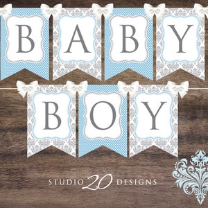 Instant Download Blue Damask Baby Shower Banner, Blue Grey Damask Bunting Banner, Printable Bunting Flags, Damask Pendent Banner 51B