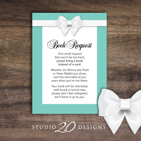 Instant Download Aqua Book Request, Blue and Classic White Bow Book in Lieu of Card, Teal Baby Shower Book Instead of Card 53A