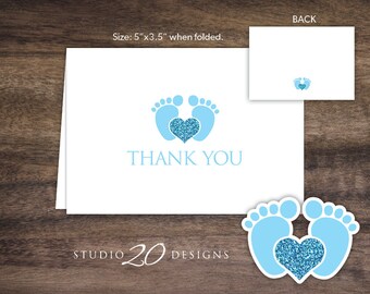 Instant Download Footprint Thank You Card, Folded Grey Blue Glitter Baby Shower Thank You Card for Boy, Folded Baby Feet Card 75C