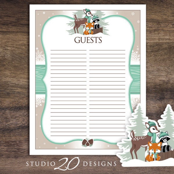 Instant Download Winter Woodland Guest List, Printable Gender Neutral Mint Forest Friends Baby Shower Guest Sign In Sheet 77A