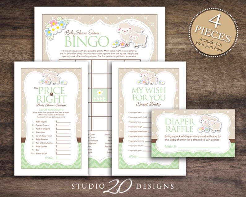 Instant Download Mint Lamb Baby Shower Games Pack, Afdrukbare Gender Neutrale Schapen Bingokaarten, Prijs is goed, Wensen, Luierloterij 39C afbeelding 1