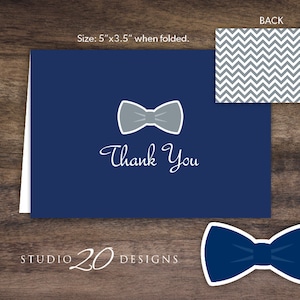 Biglietti di ringraziamento con papillon scaricabili immediatamente, biglietti di ringraziamento stampabili piegati con papillon grigio blu navy per baby shower, biglietti di ringraziamento con papillon per compleanno 79E