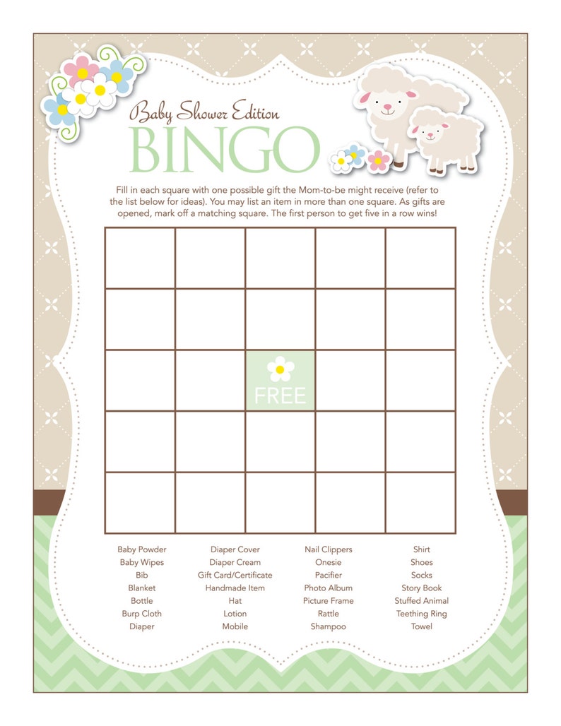 Instant Download Mint Lamb Baby Shower Games Pack, Afdrukbare Gender Neutrale Schapen Bingokaarten, Prijs is goed, Wensen, Luierloterij 39C afbeelding 4