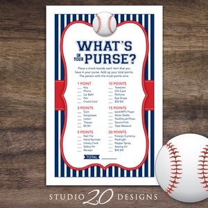 Juego de béisbol con tema deportivo azul y rojo para descargar al instante, ¿qué hay en tu bolso?, juegos de baby shower de béisbol azul y rojo, juego de bolso imprimible con tema deportivo azul marino y rojo 68A
