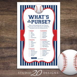 Instant Download Baseball What's In Your Purse Game, Blue Red Baseball Baby Shower Games, Printable Navy Red Sports Theme Purse Game 68A image 1