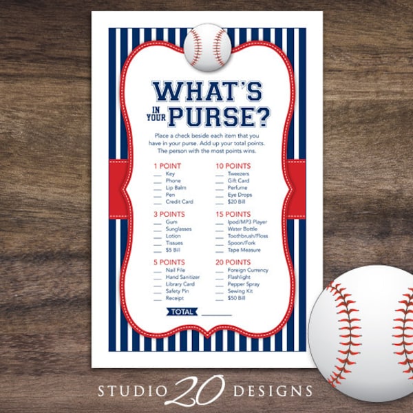 Instant Download Baseball What's In Your Purse Game, Blue Red Baseball Baby Shower Games, Printable Navy Red Sports Theme Purse Game 68A