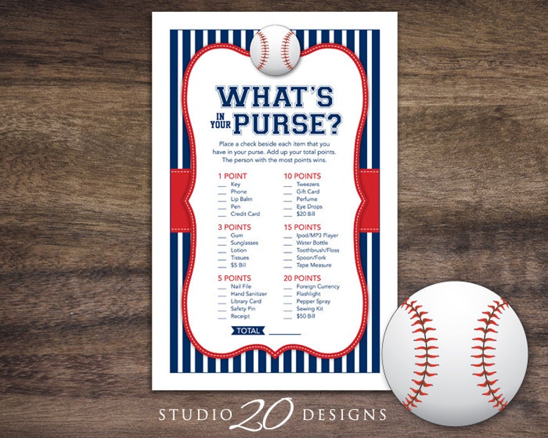 Instant Download Baseball What's In Your Purse Game, Blue Red Baseball Baby Shower Games, Printable Navy Red Sports Theme Purse Game 68A image 1