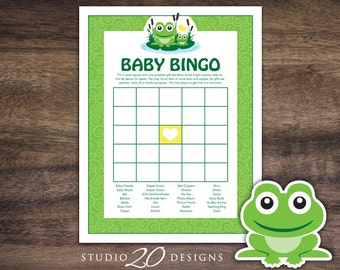 Instant Download Frog Baby Shower Bingo Cards, Printable Gender Neutral Baby Bingo, Green Yellow Frog Theme Baby Shower Game 24B