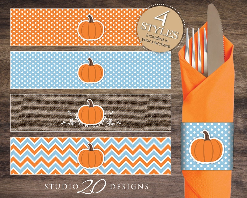 Instant Download Orange Blue Pumpkin Napkin Rings Printable Boy Pumpkin Rustic Burlap Baby Shower Napkin Wraparounds 83B