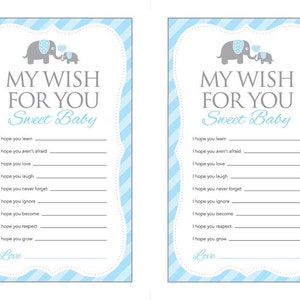 Instant Download Blue Elephant Theme Baby Shower Wishes for Baby Cards, Printable Wish Party Sheets for Boy, Cute Blue Grey Stripes Card 22C image 3